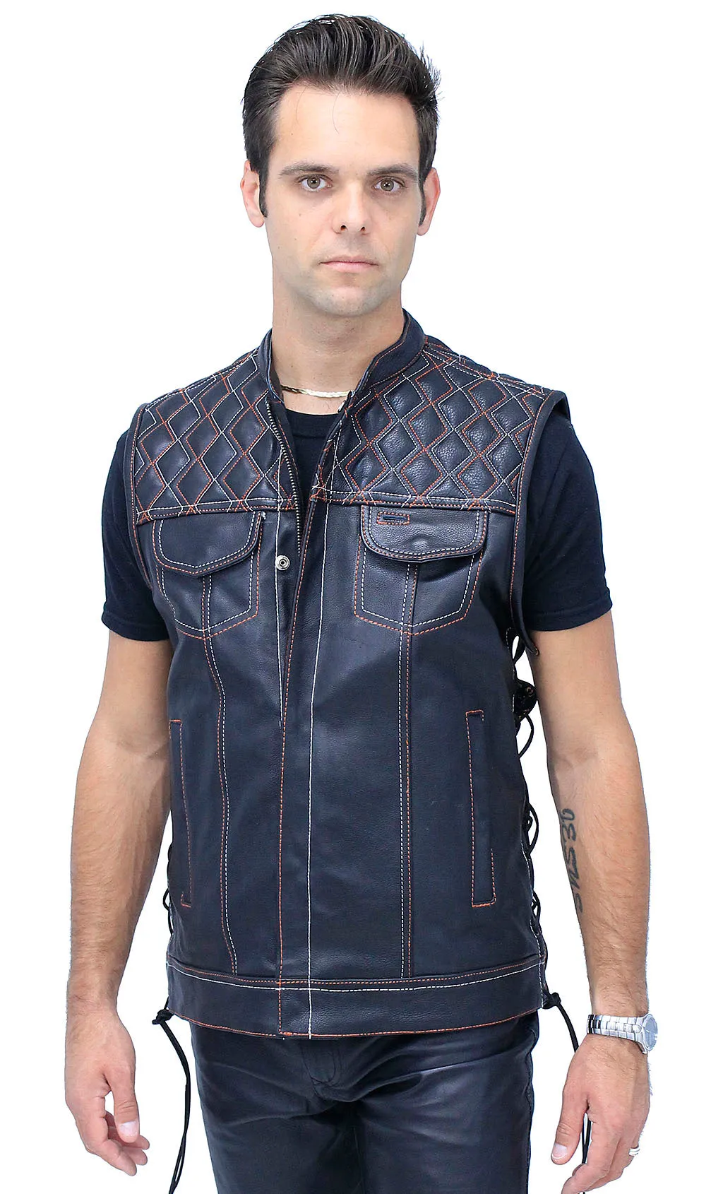 Orange/White Stitched Leather Side Lace Club Vest w/Easy Access Pocket #VM6400GLOW