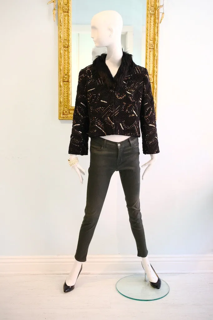 Oscar de la Renta Black & Gold suede Leather Jacket w/Fur Collar