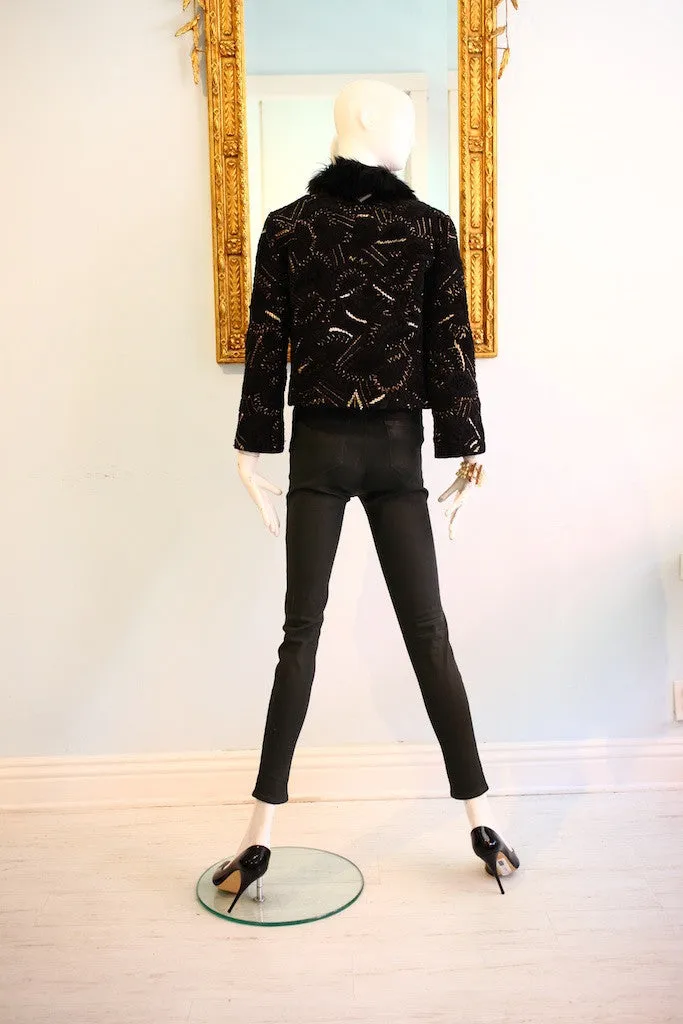 Oscar de la Renta Black & Gold suede Leather Jacket w/Fur Collar