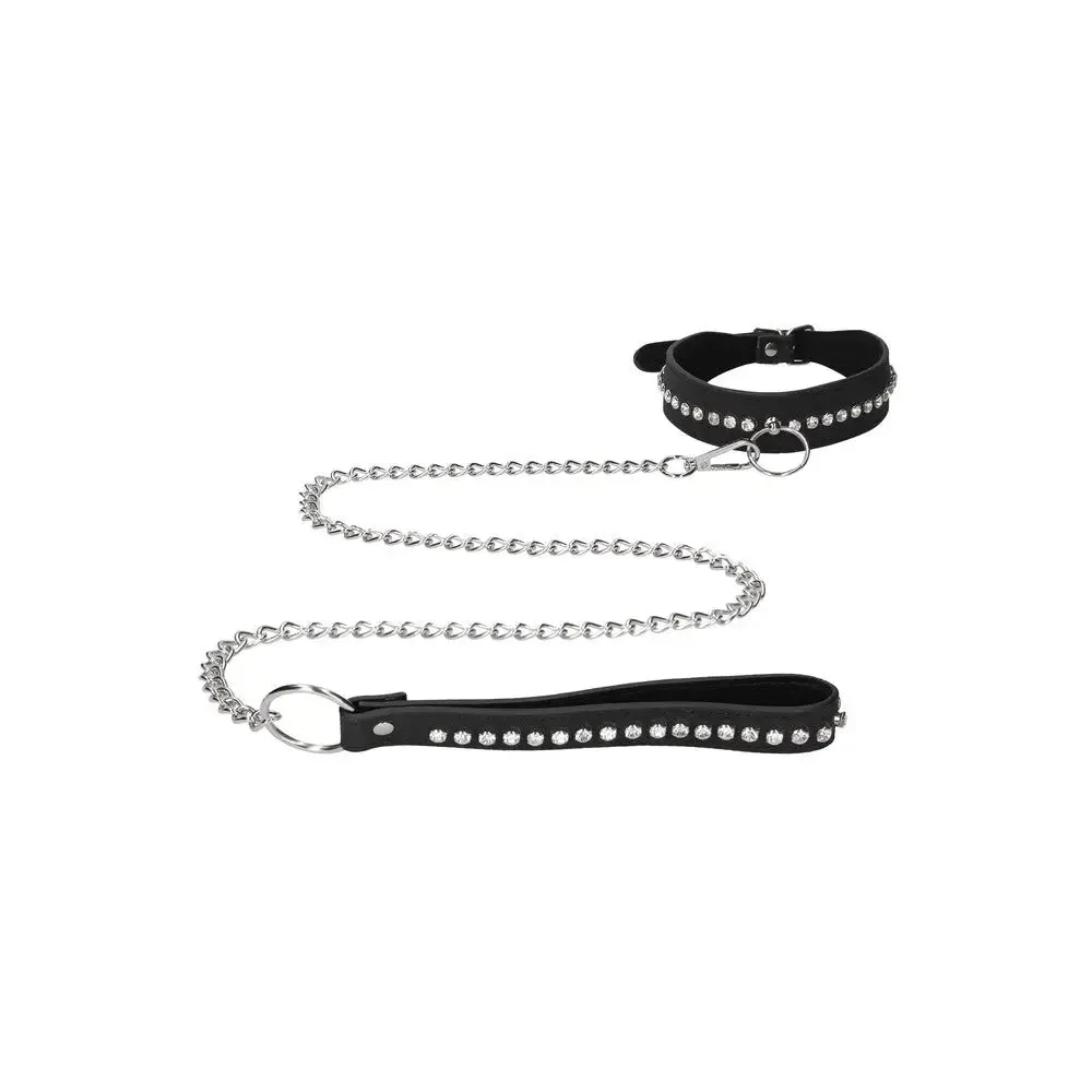 Ouch Faux Leather Diamond Studded Bondage Collar with Leash