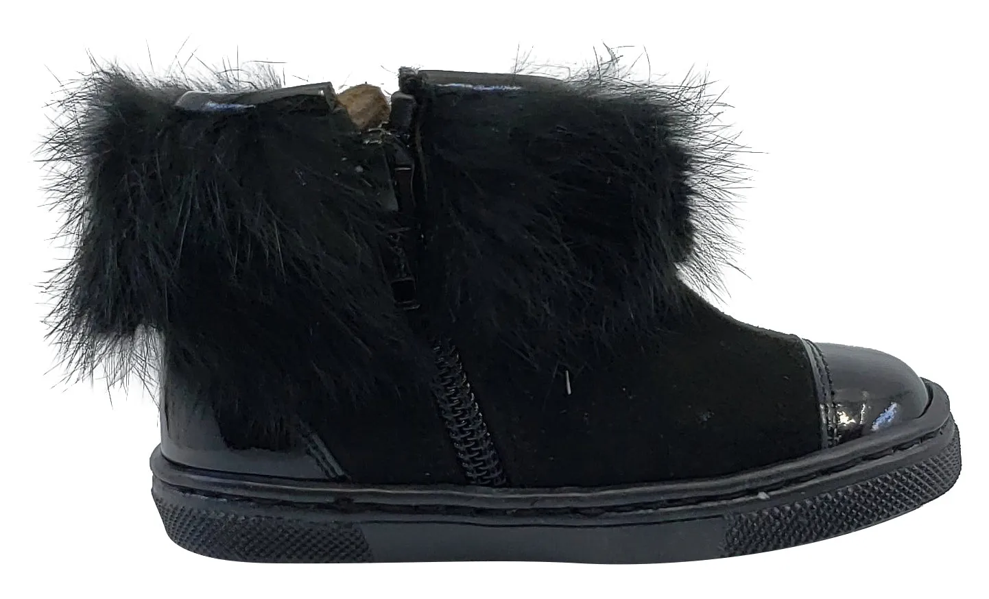 Pataletas for Boy's and Girl's Black Leather Patent Suede Zipper Collar Fur Bootie