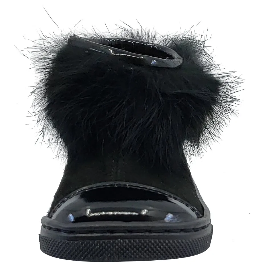 Pataletas for Boy's and Girl's Black Leather Patent Suede Zipper Collar Fur Bootie