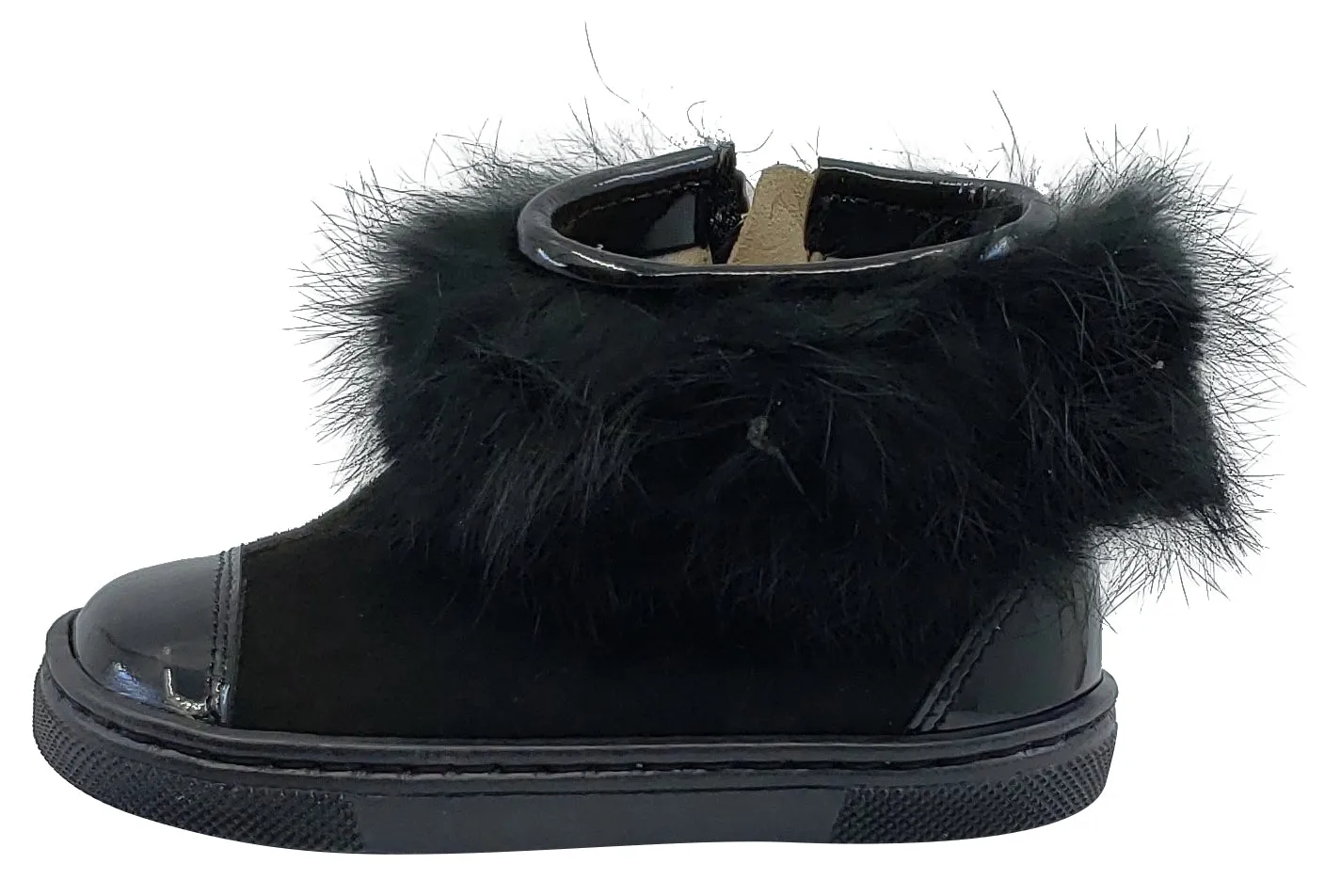 Pataletas for Boy's and Girl's Black Leather Patent Suede Zipper Collar Fur Bootie