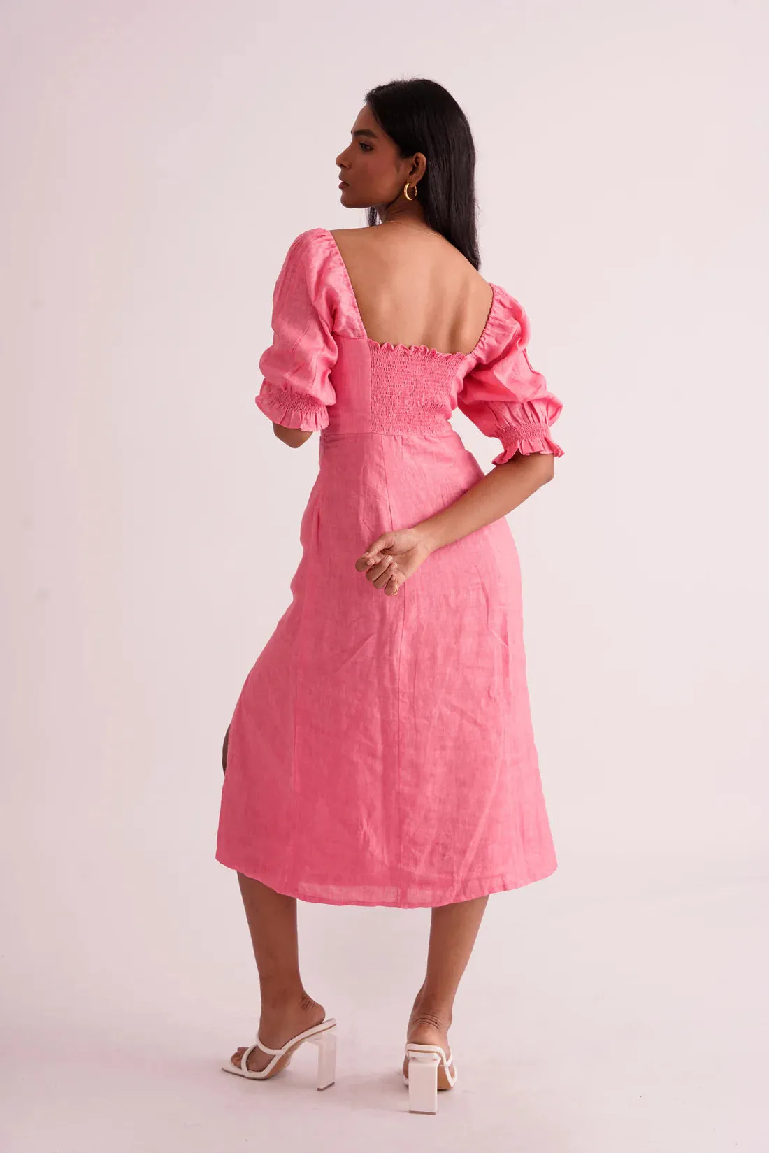 Pink 100% Linen Women's Slit Midi Dress