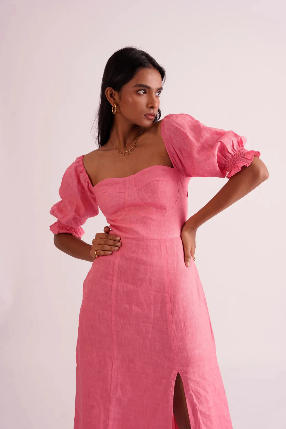 Pink 100% Linen Women's Slit Midi Dress