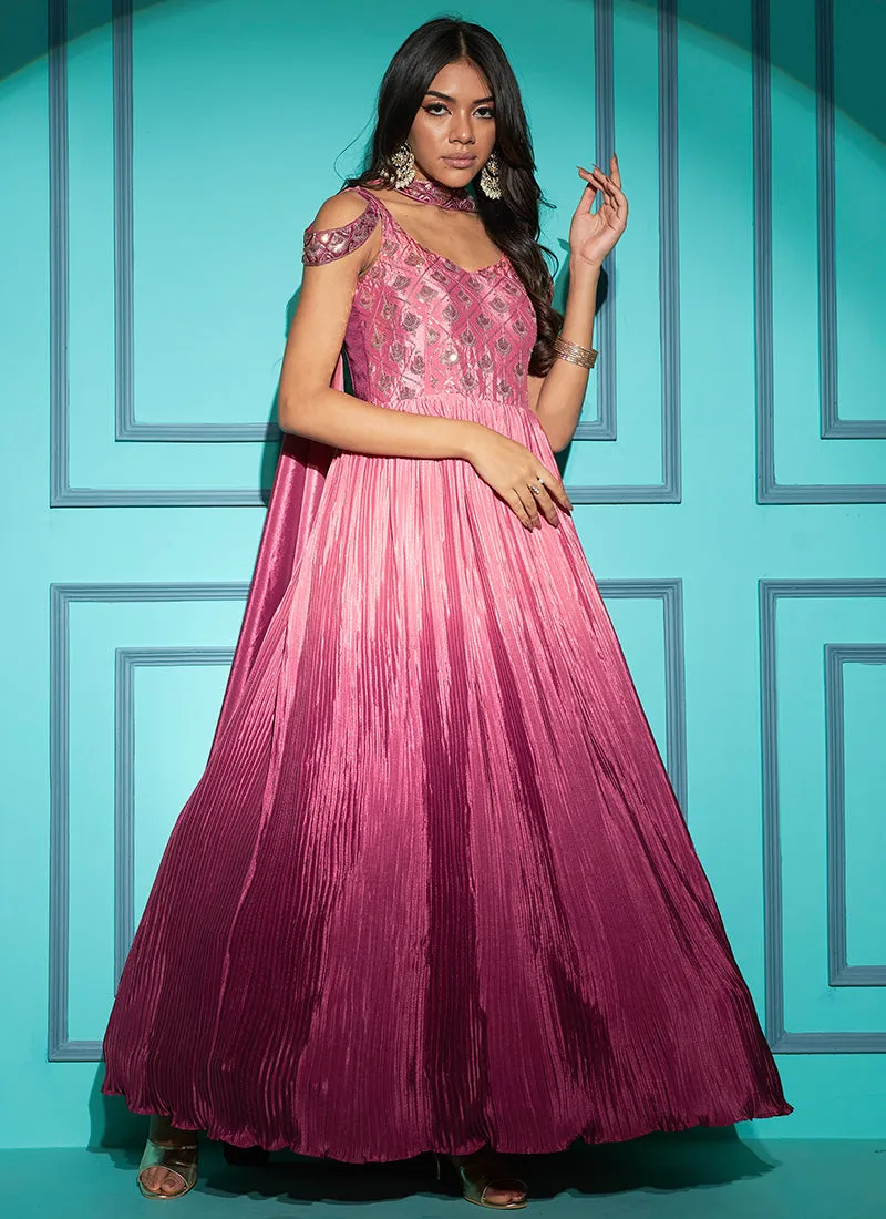 Pink Sequence Embroidery Ombré Kalidar Anarkali Gown