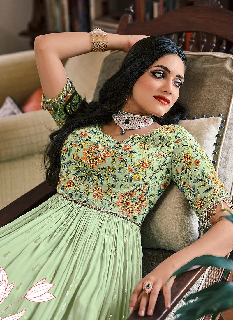 Pista Green Foil Mirror Work Georgette Anarkali Suit