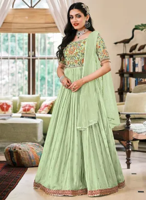 Pista Green Foil Mirror Work Georgette Anarkali Suit