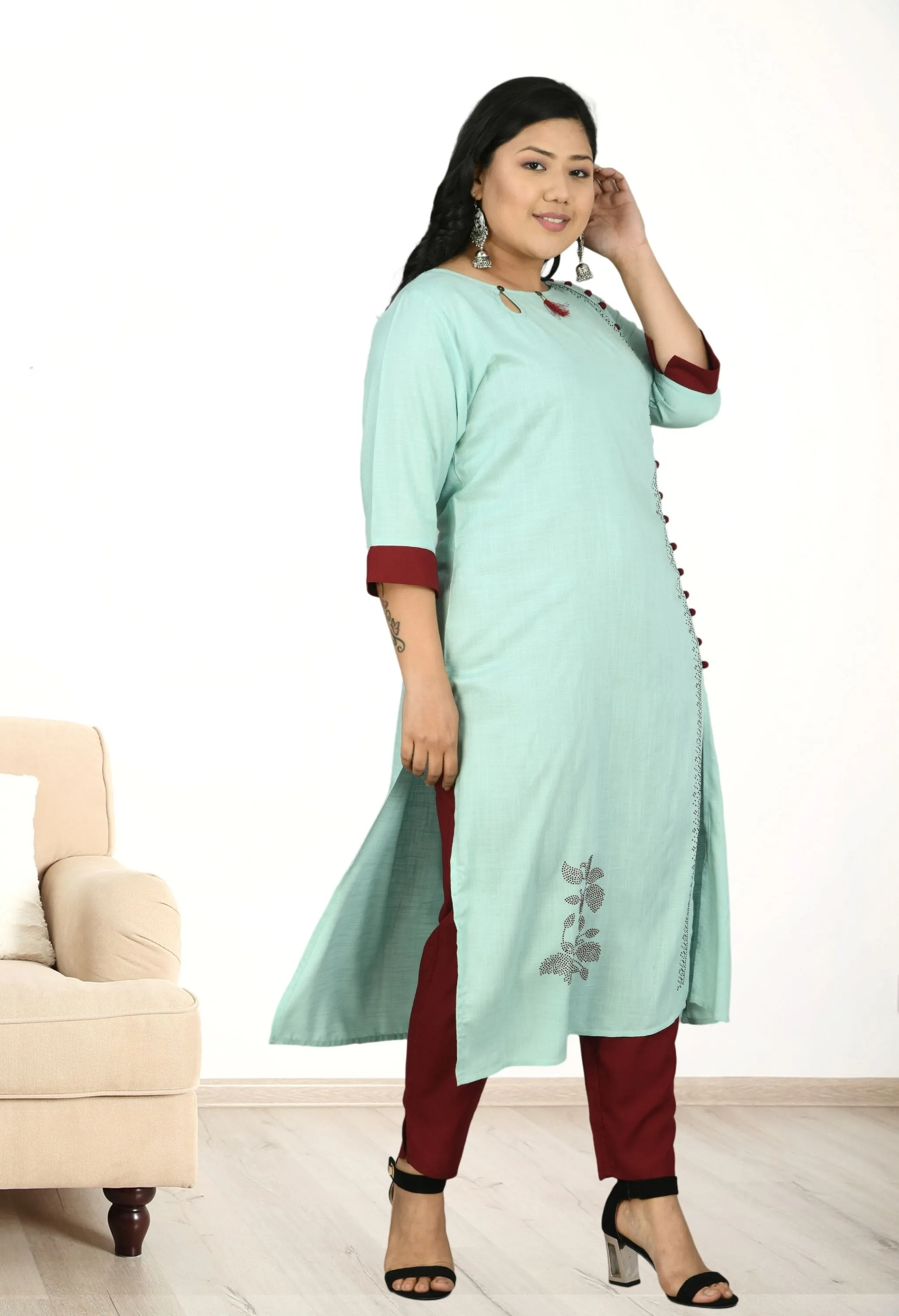 Plus Size Sea Green Kurta Pant Set