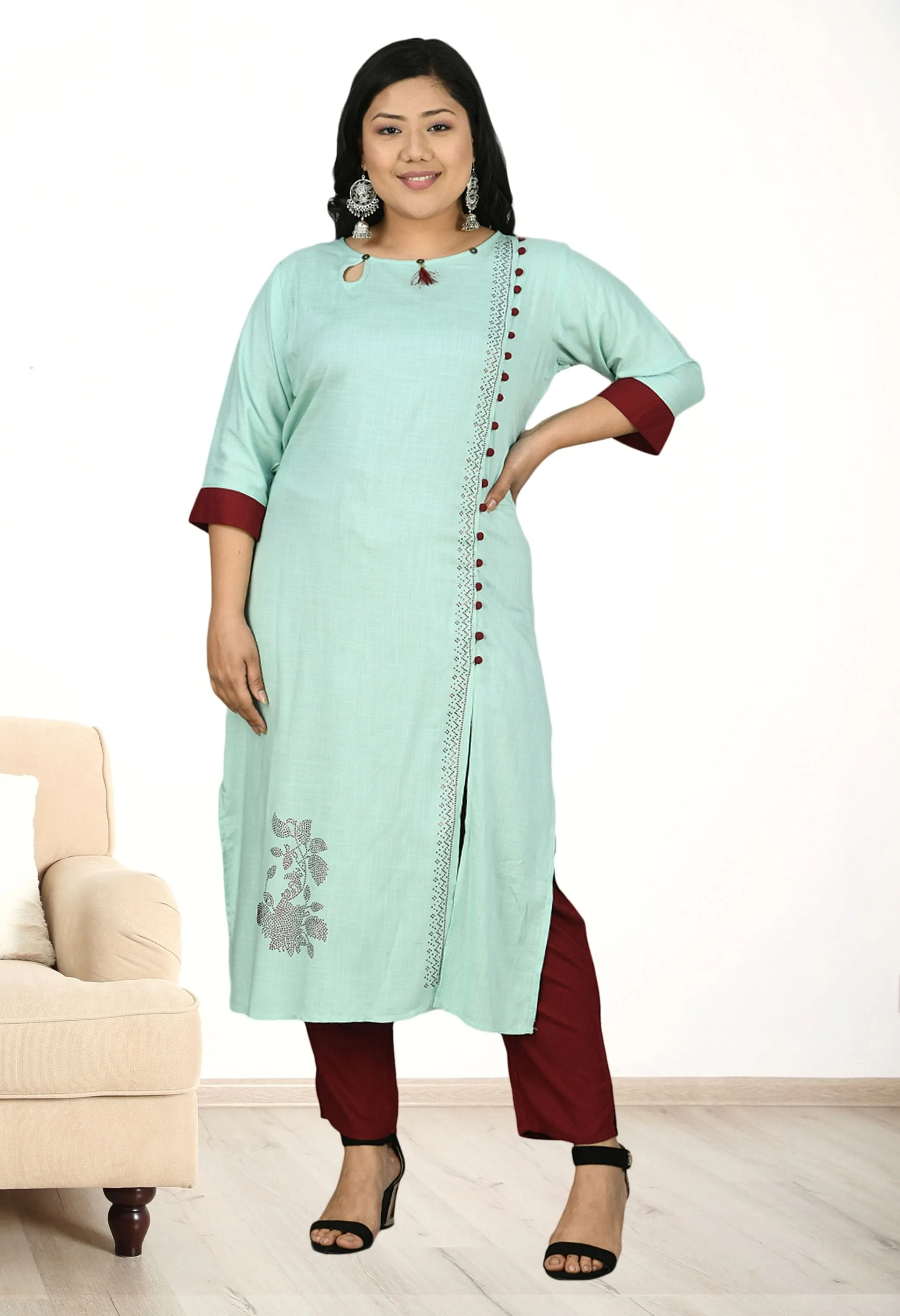 Plus Size Sea Green Kurta Pant Set