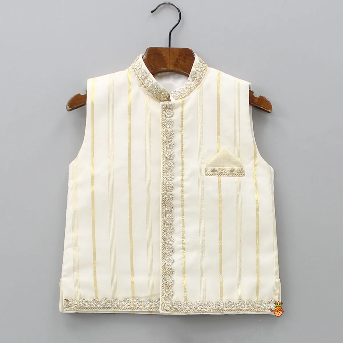 Pre Order: Off White Embroidered Cotton Kurta With Shimmery Pocket Square Jacket And Pyjama