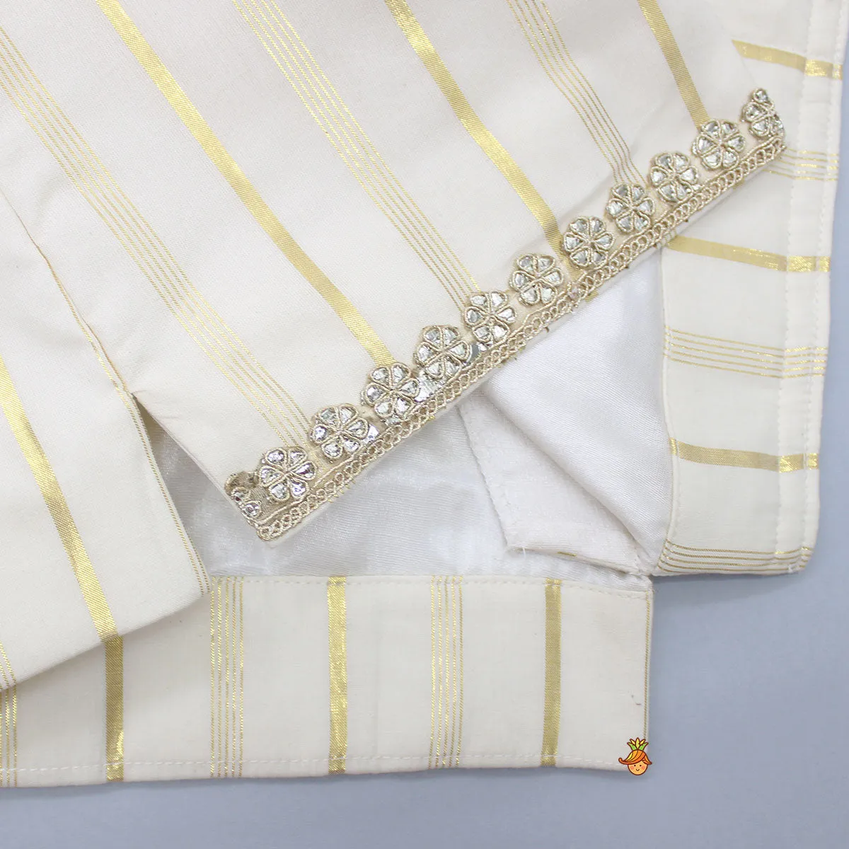 Pre Order: Off White Embroidered Cotton Kurta With Shimmery Pocket Square Jacket And Pyjama