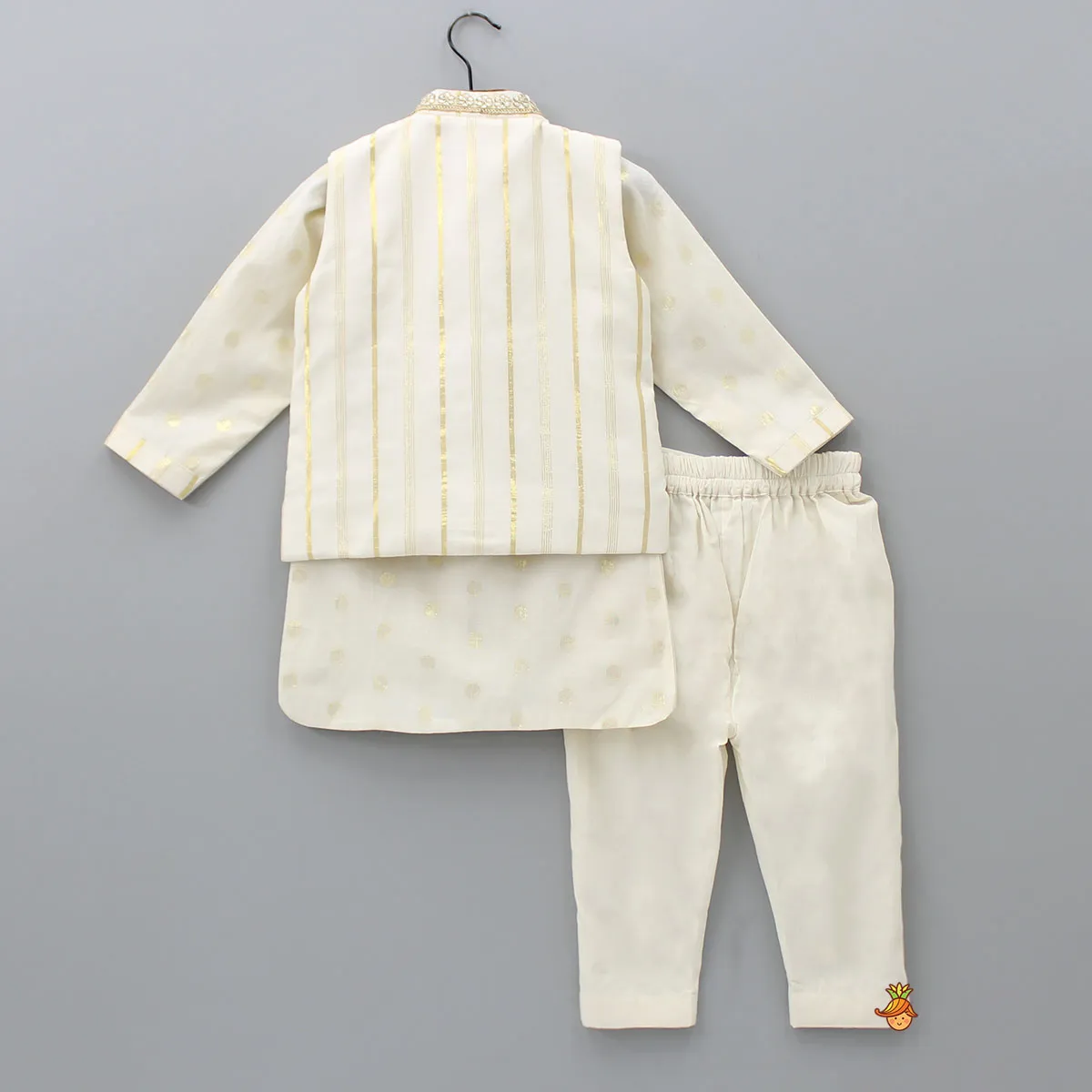 Pre Order: Off White Embroidered Cotton Kurta With Shimmery Pocket Square Jacket And Pyjama