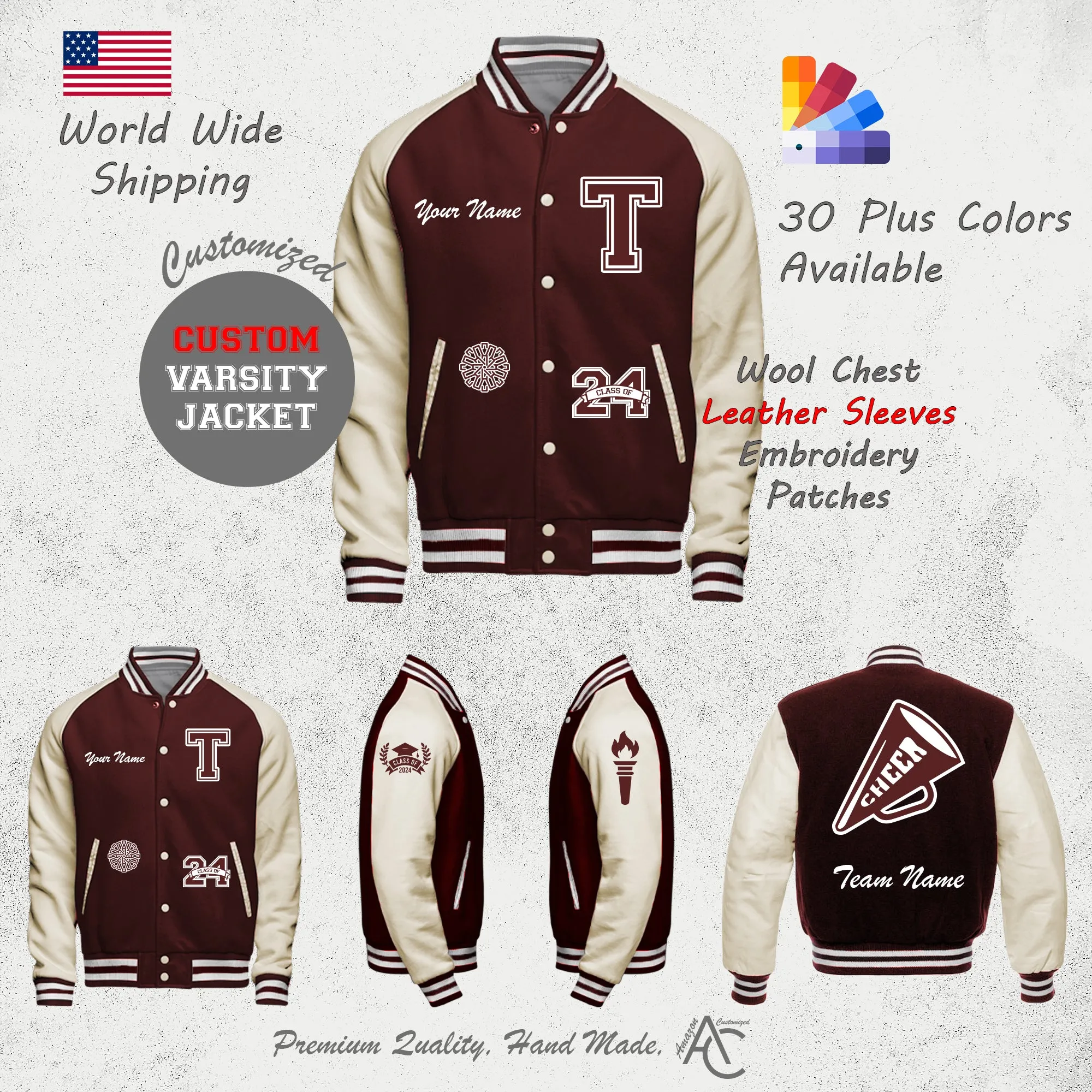 Premium Letter Custom Varsity Letterman Jackets For Men with Genuine Cowhide Leather Sleeves- Maroon