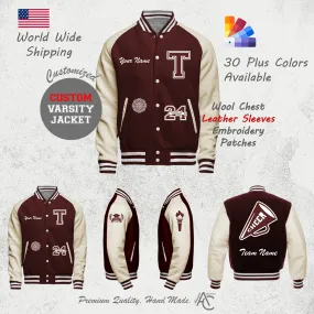 Premium Letter Custom Varsity Letterman Jackets For Men with Genuine Cowhide Leather Sleeves- Maroon