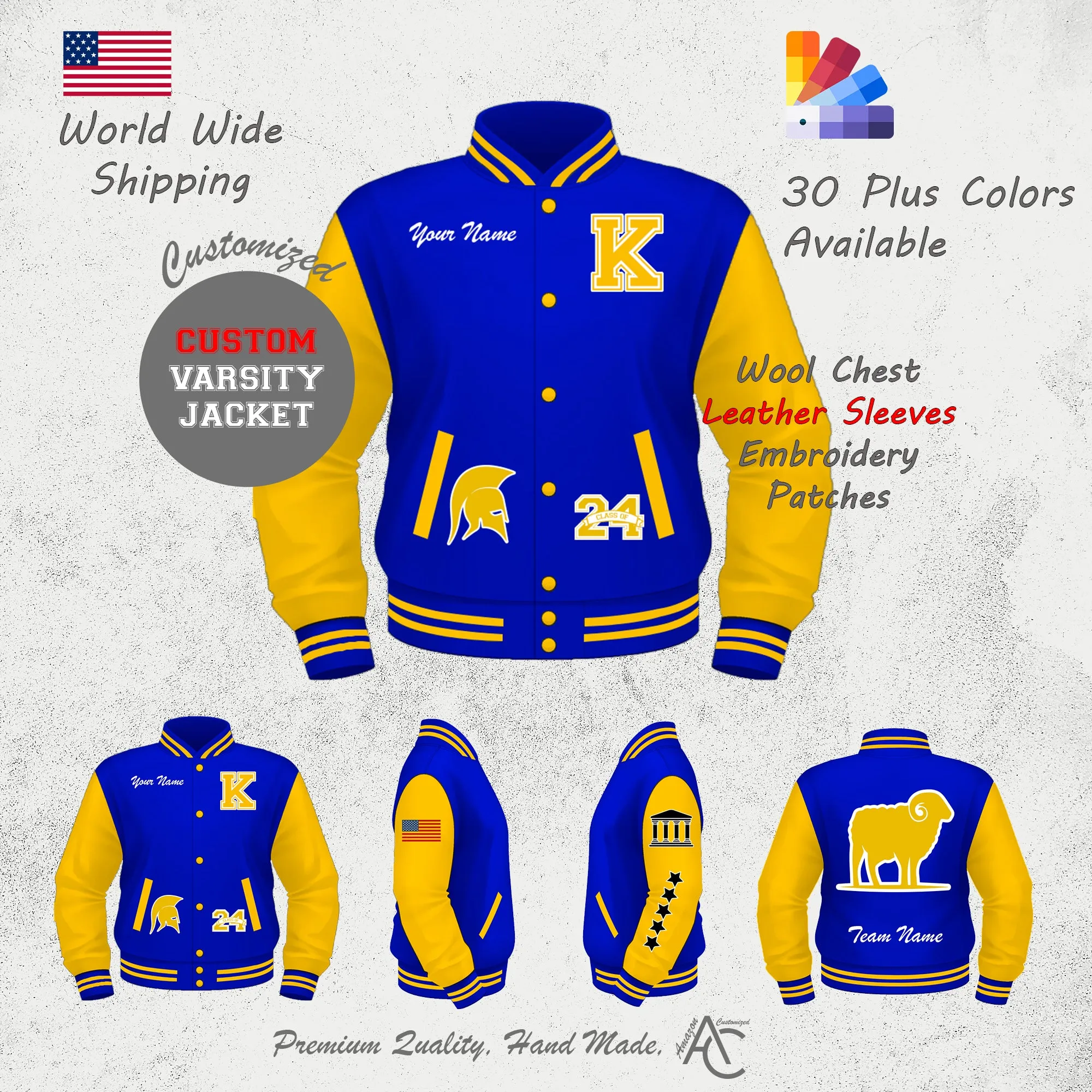 Premium Letter Custom Varsity Letterman Jackets For Men with Genuine Cowhide Leather Sleeves- Royal Blue Yelow