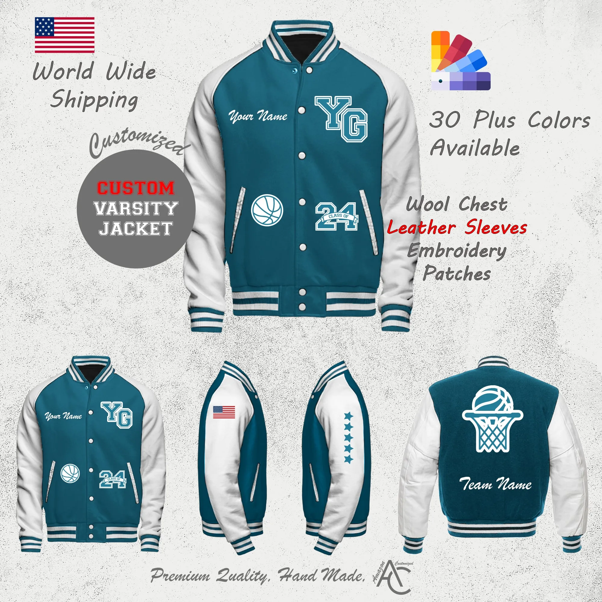 Premium Letter Custom Varsity Letterman Jackets For Men with Genuine Cowhide Leather Sleeves- Sky Blue