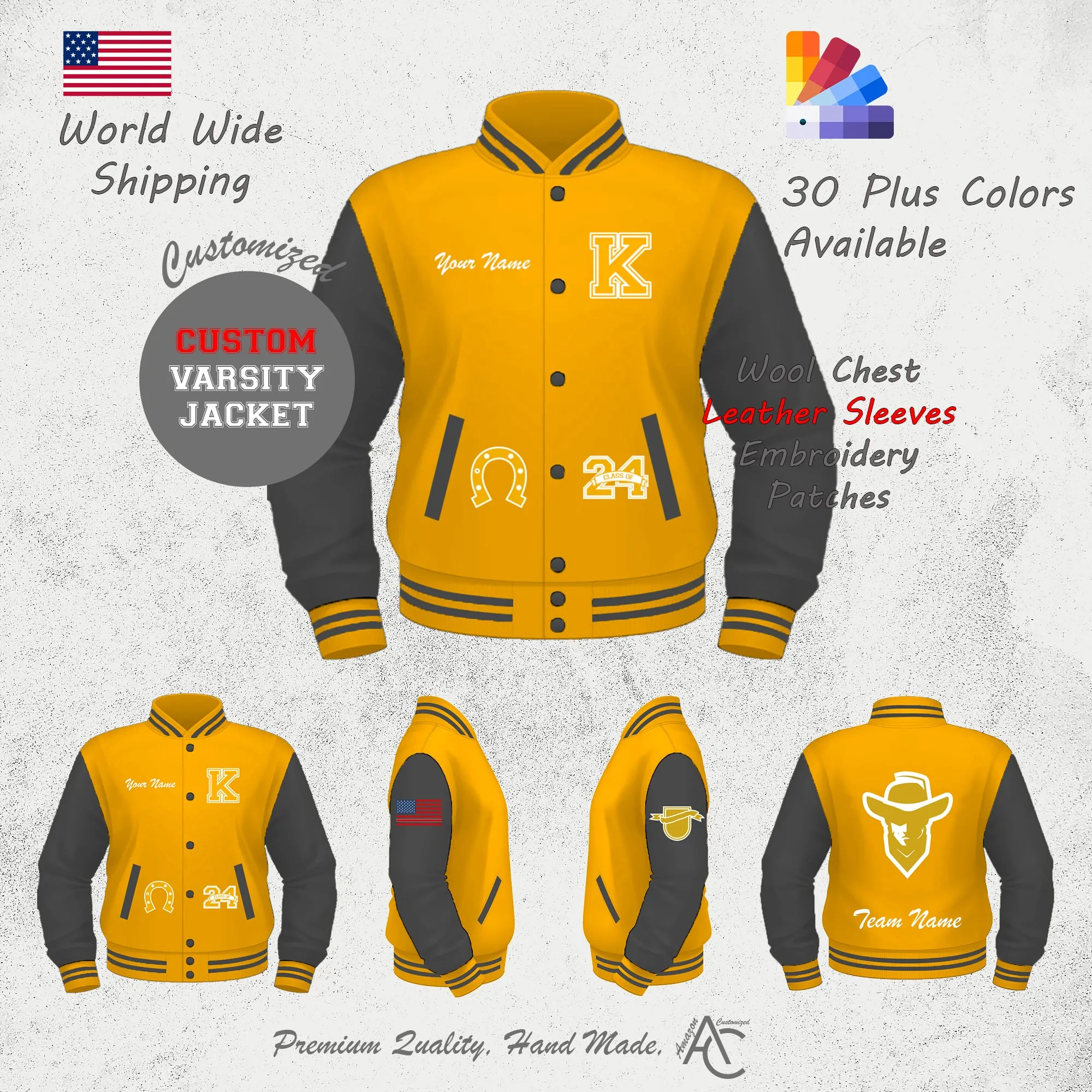 Premium Letter Custom Varsity Letterman Jackets For Men with Genuine Cowhide Leather Sleeves- Yellow Black