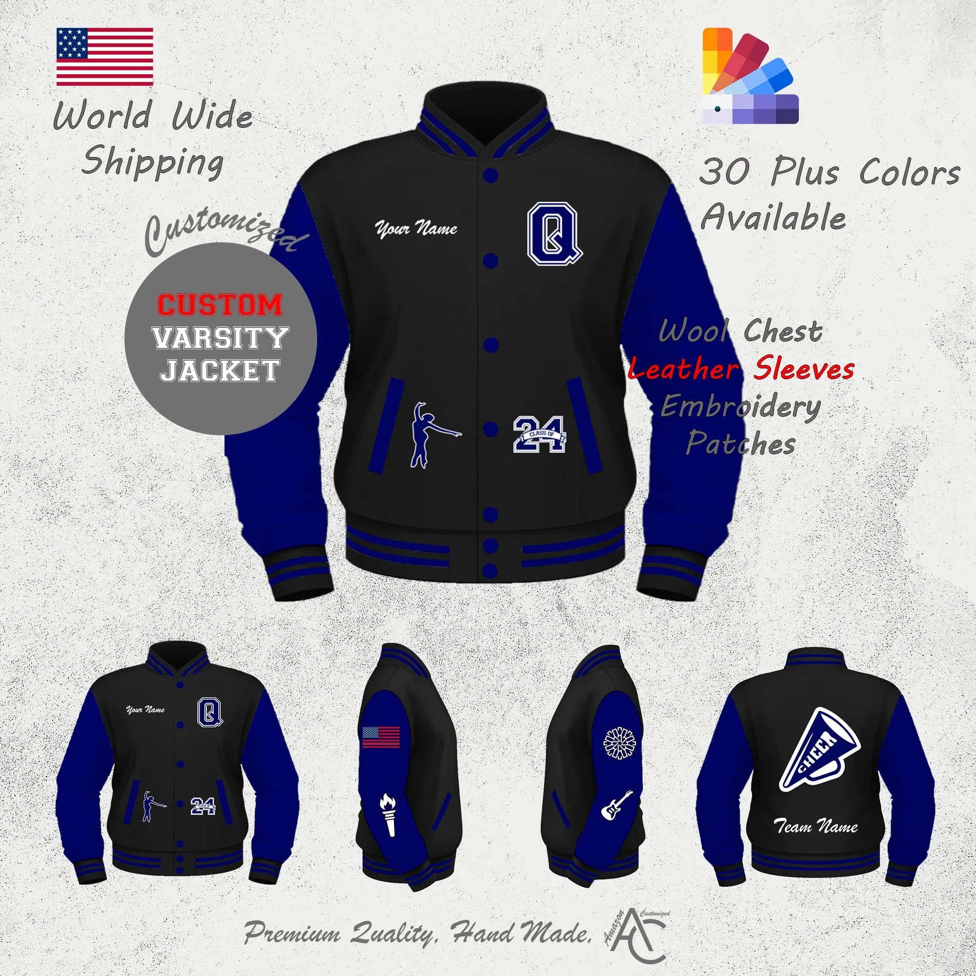 Premium  Letter Custom Varsity Letterman Jackets For Women with Genuine Cowhide Leather Sleeves- Black Royal Blue