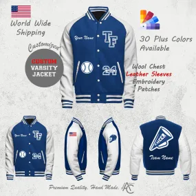 Premium  Letter Custom Varsity Letterman Jackets For Women with Genuine Cowhide Leather Sleeves- Blue White