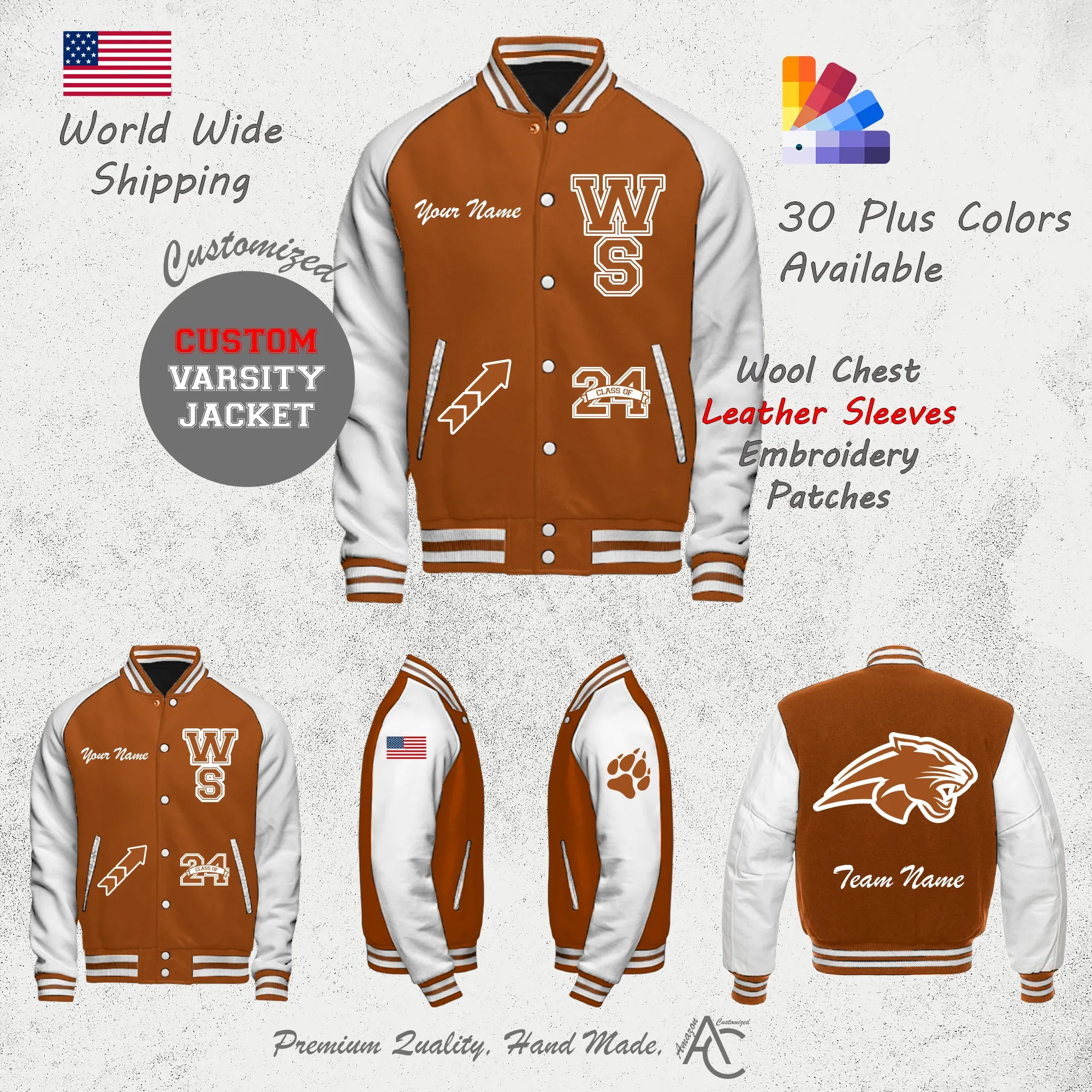 Premium  Letter Custom Varsity Letterman Jackets For Women with Genuine Cowhide Leather Sleeves- Orange and White