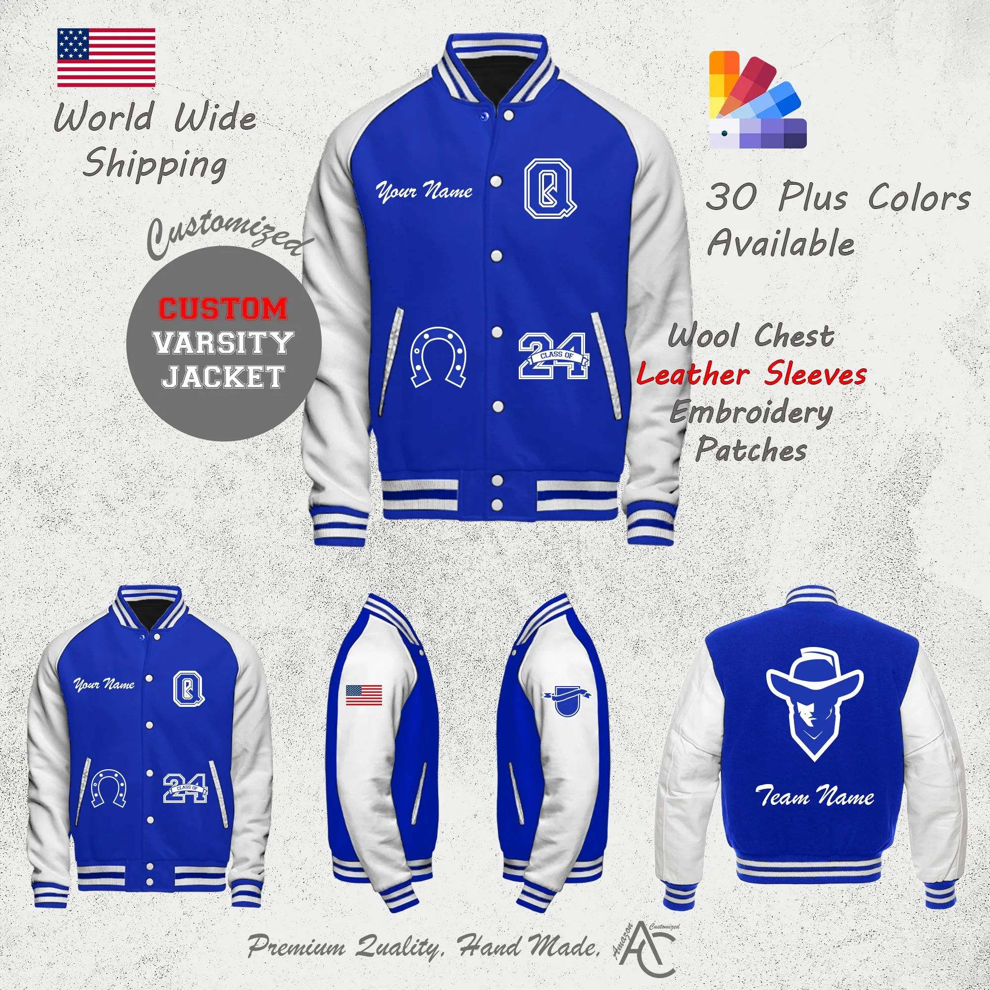 Premium  Letter Custom Varsity Letterman Jackets For Women with Genuine Cowhide Leather Sleeves- Royal Blue