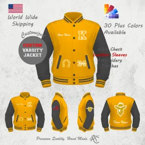 Premium  Letter Custom Varsity Letterman Jackets For Women with Genuine Cowhide Leather Sleeves- Yellow Black