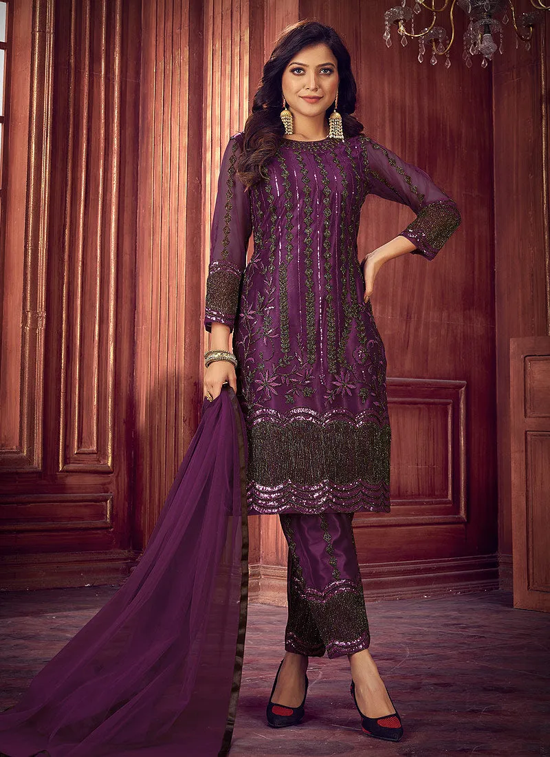 Purple Designer Pakistani Embroidered Pant Style Suit