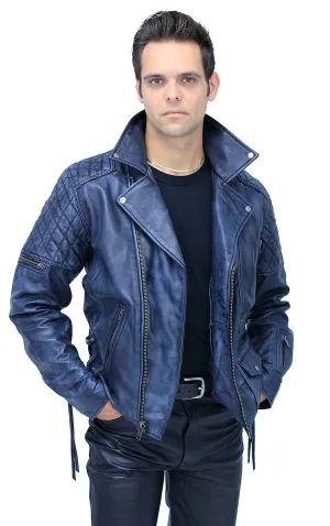 Quilted Blue Distressed Leather MC Jacket CC Pockets #MA2024QGU