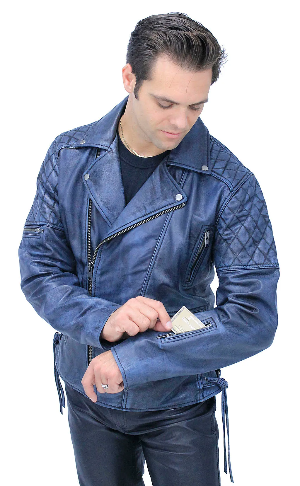 Quilted Blue Distressed Leather MC Jacket CC Pockets #MA2024QGU