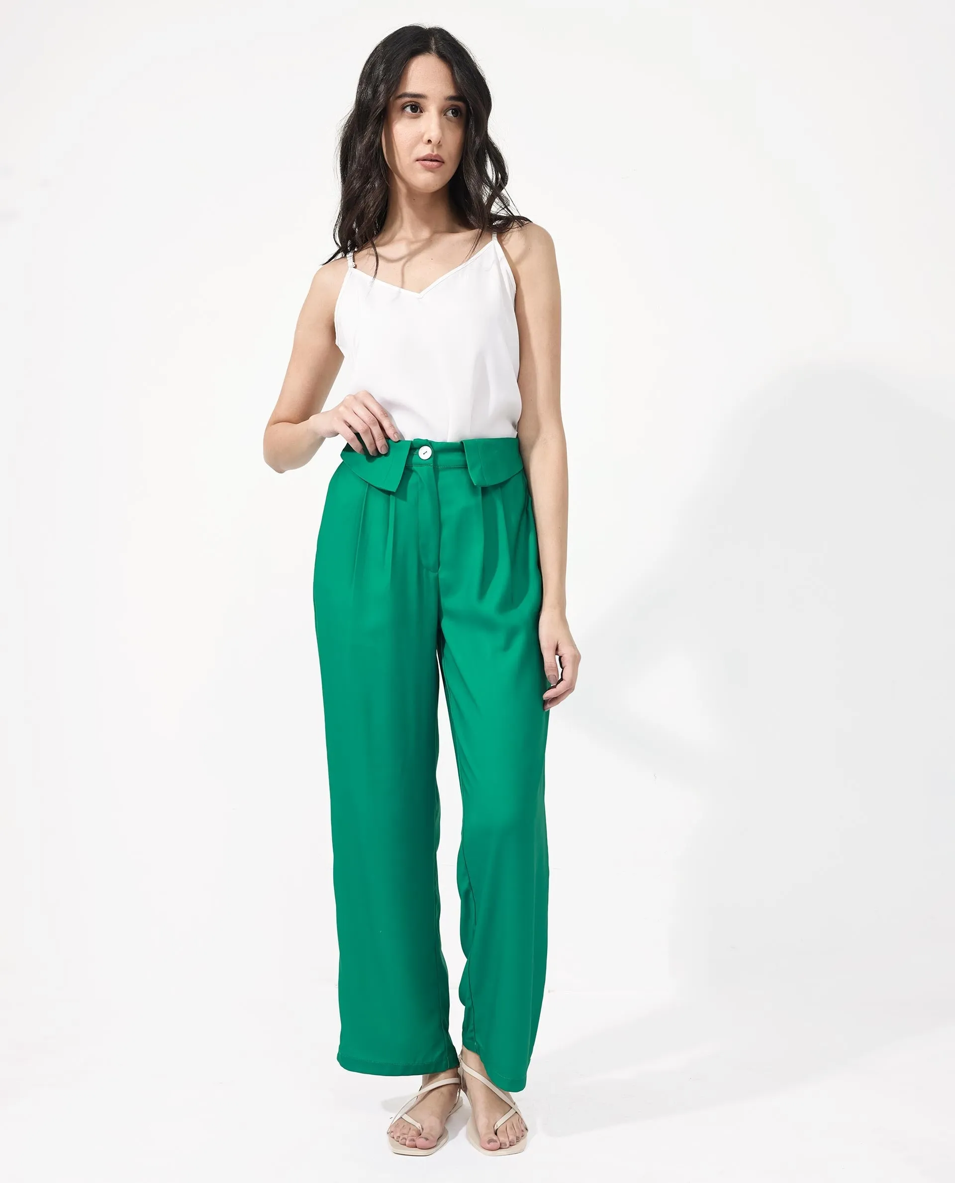 Rareism Women Buell Green Polyester Fabric Regular Length Trouser