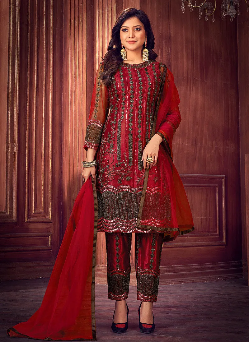 Red Designer Pakistani Embroidered Pant Style Suit