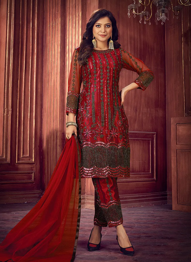 Red Designer Pakistani Embroidered Pant Style Suit