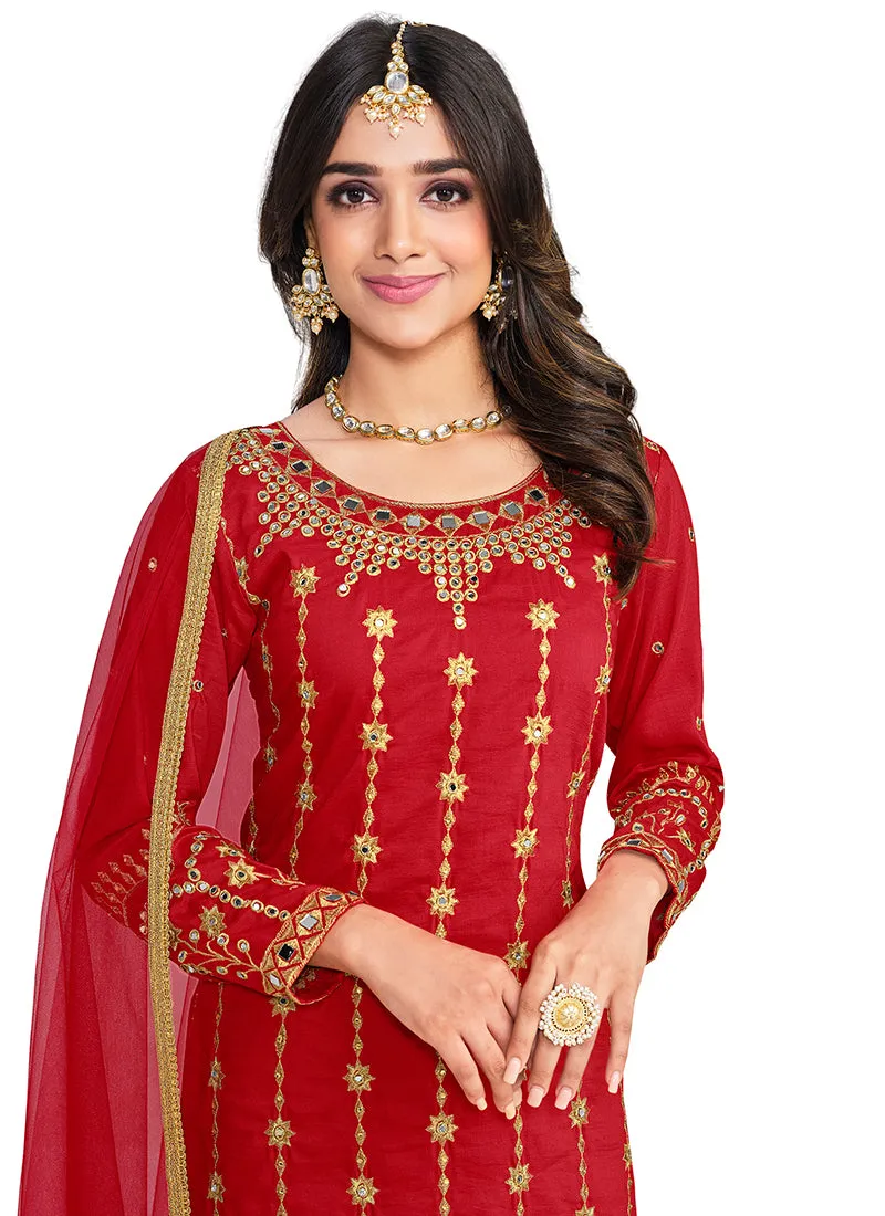 Red Mirror Work Embroidery Festive Salwar Kameez