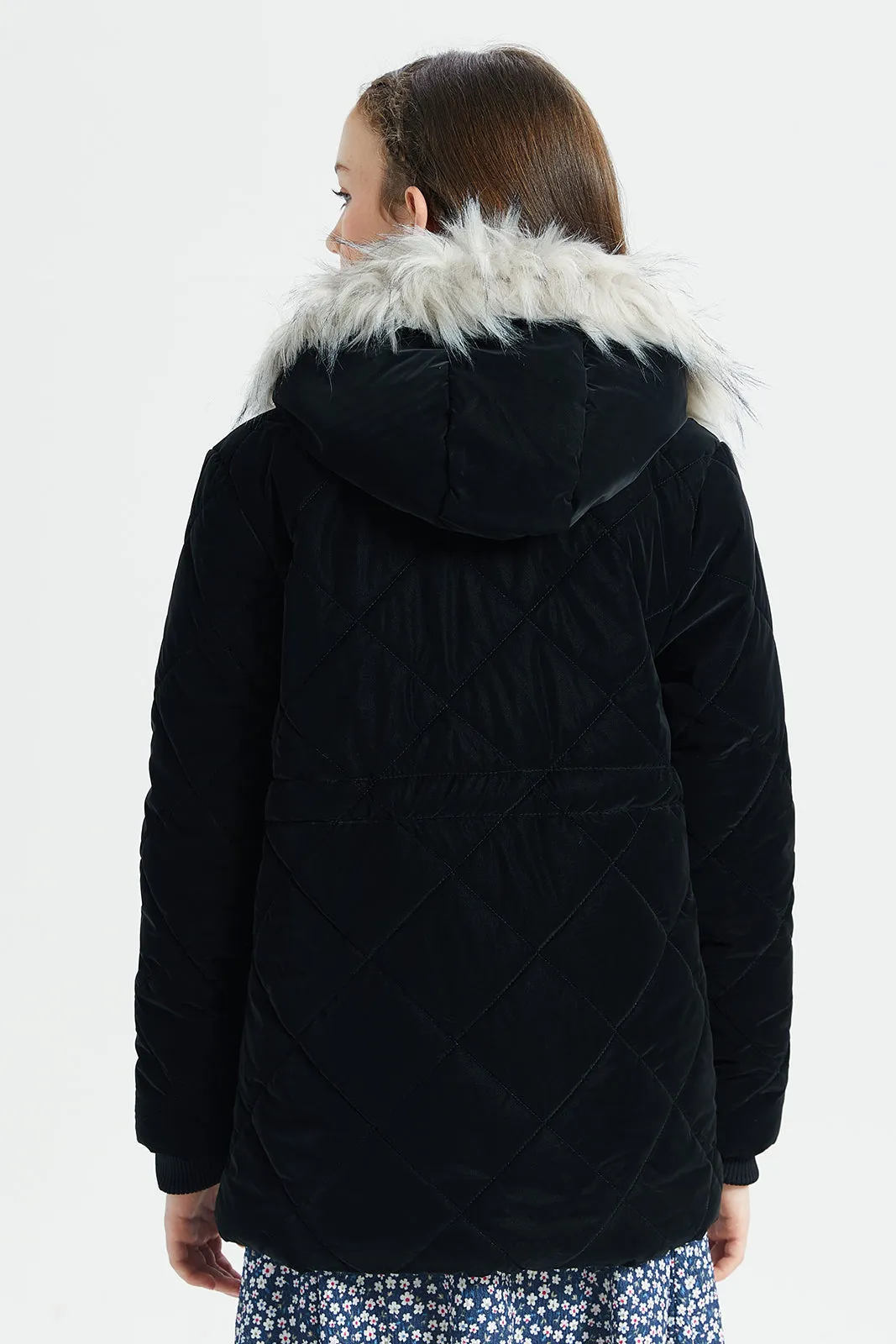 Senior Girls Black Quilted Hooded Fur Jacket