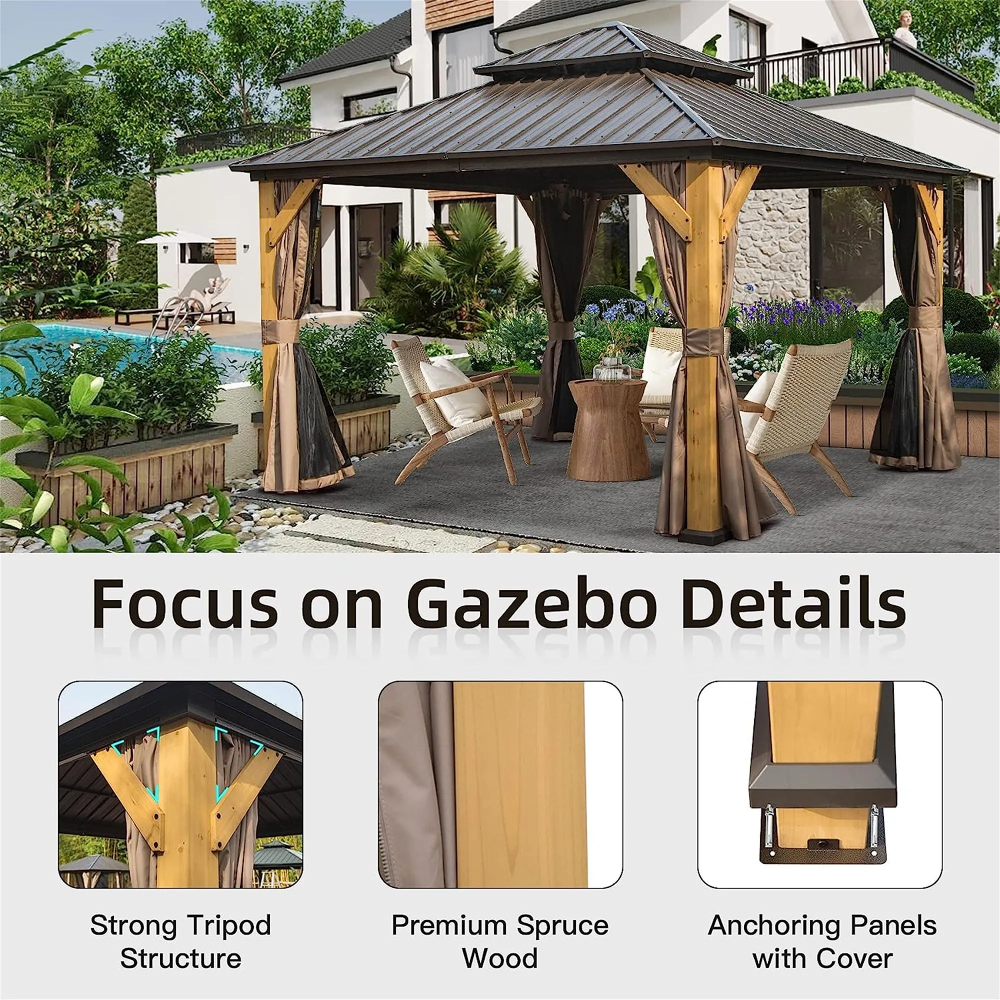 Shana 12 X 12 ft Hardtop Gazebo Outdoor Cedar Wood Frame  - Brown