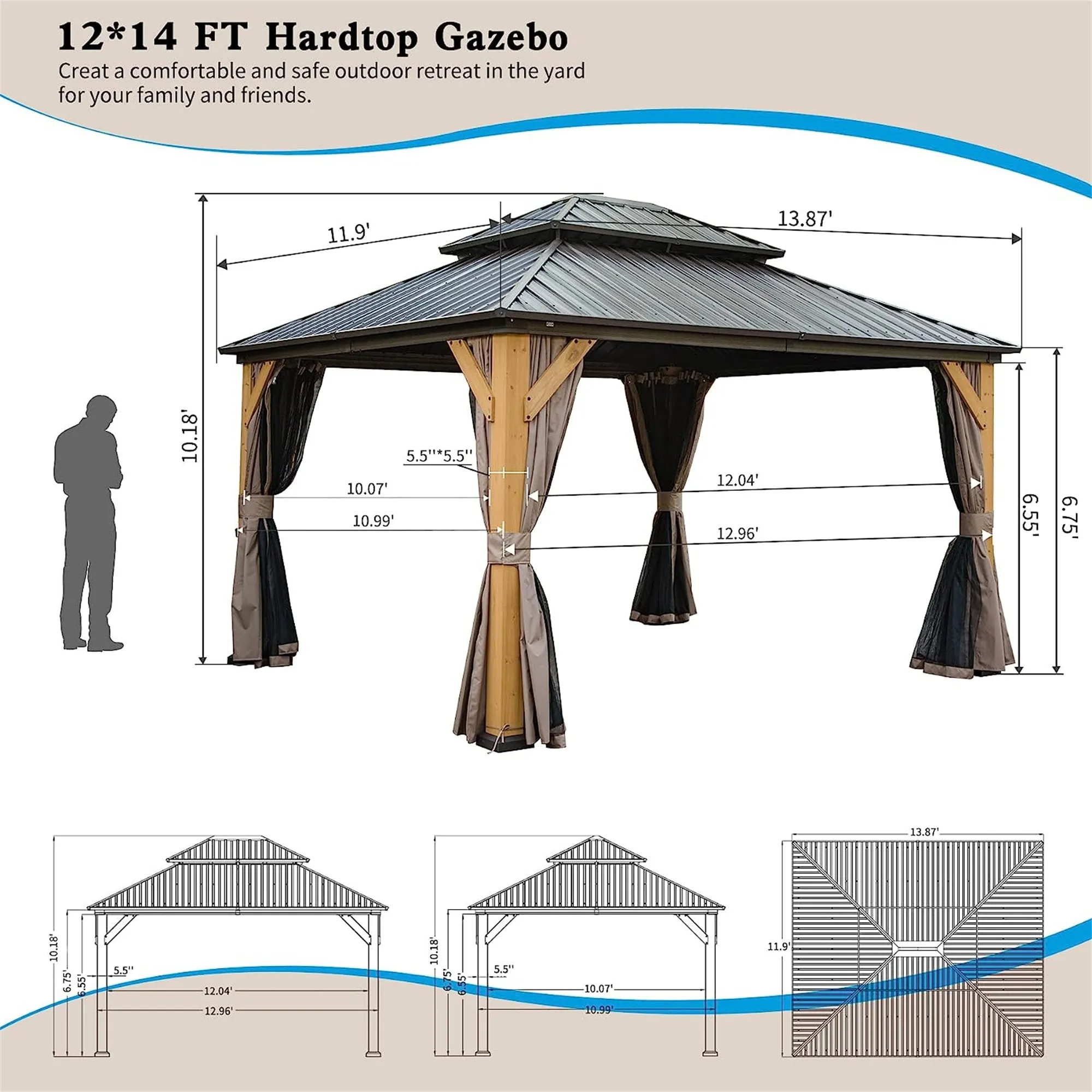 Shana 12 X 14 ft Hardtop Gazebo Outdoor Cedar Wood Frame  - Brown