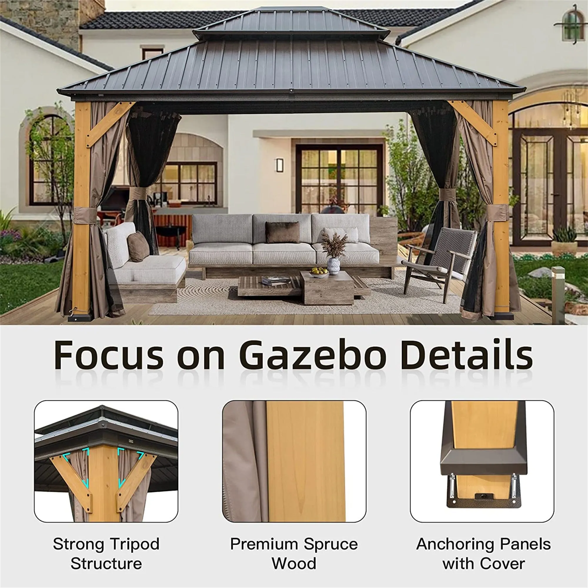 Shana 12 X 14 ft Hardtop Gazebo Outdoor Cedar Wood Frame  - Brown