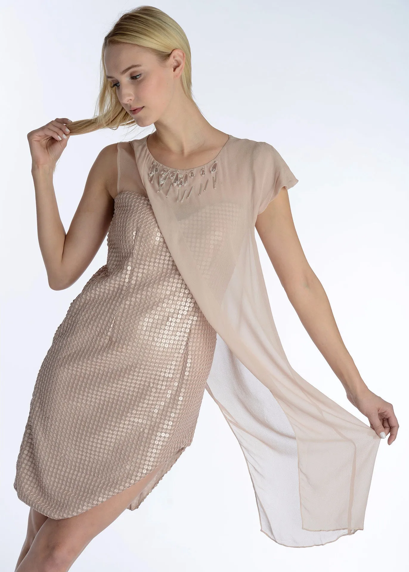 Sheer asymmetric overlay sequin dress