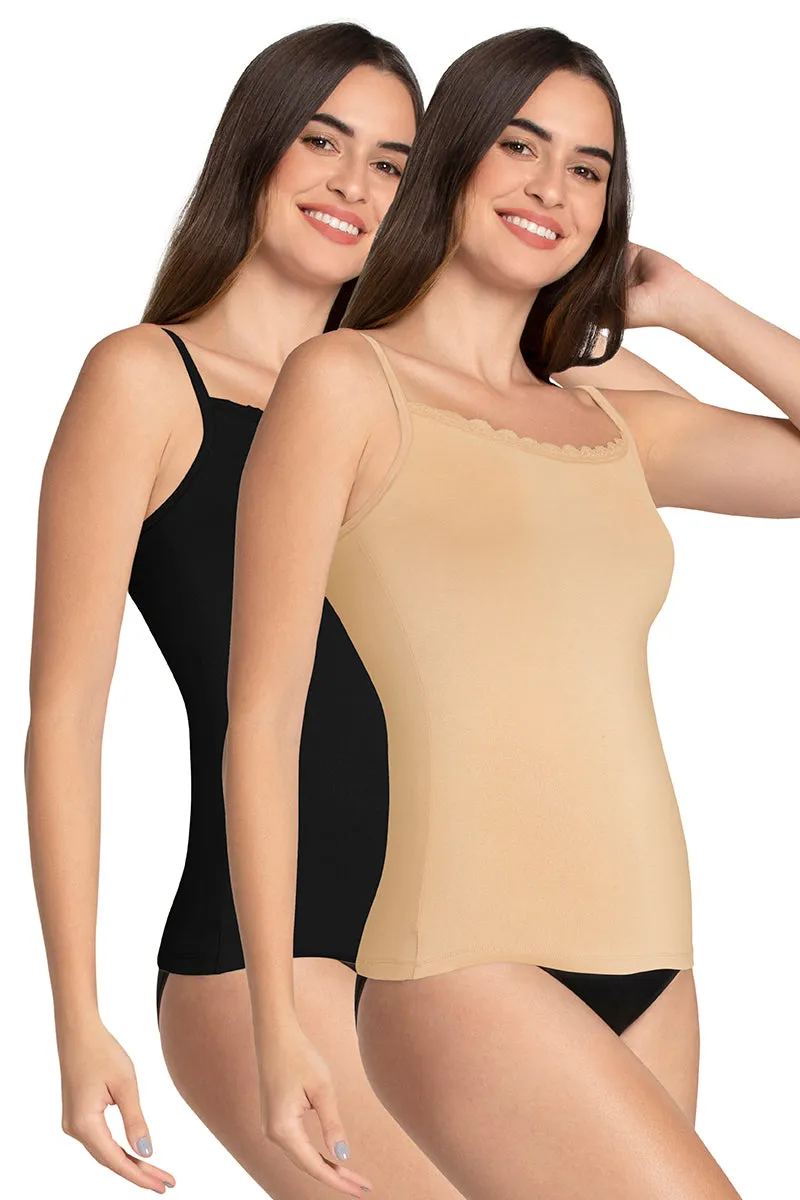 Shelf Support Straight Neck Sleeveless Camisole (Pack of 2) - Black_Hazelnut