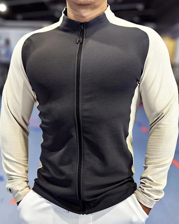 Shoulder Cut Two Tone Full Zip Long Sleeve