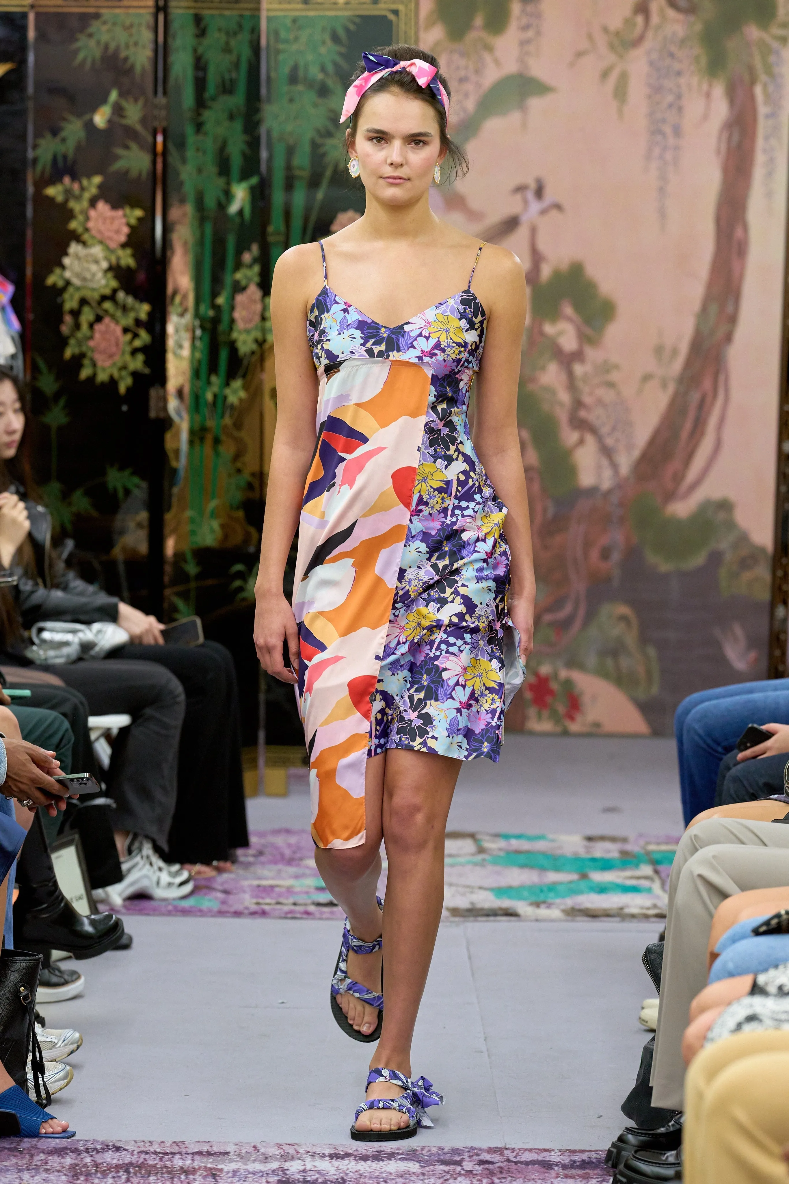 Silk Printed Orange Purple Abstract Slip Dress