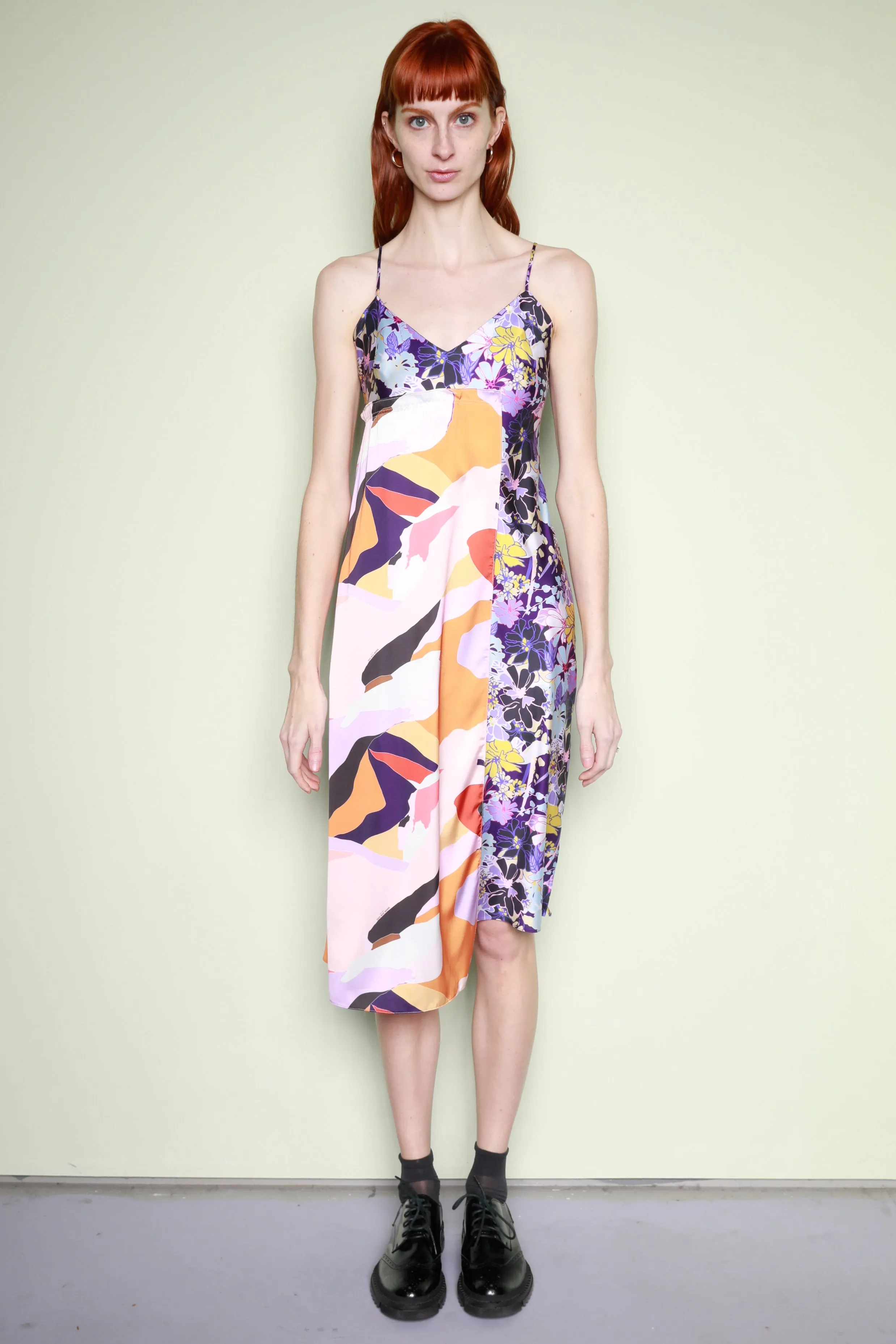 Silk Printed Orange Purple Abstract Slip Dress