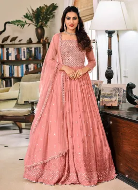 Soft Peach Foil Mirror Work Georgette Anarkali Suit