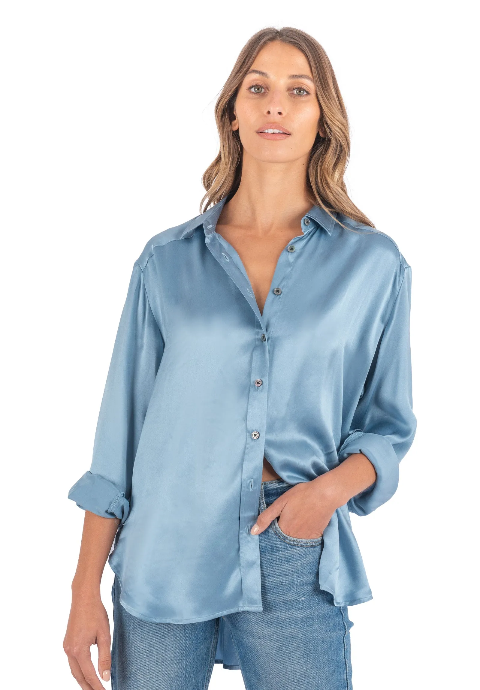 Soie Zenith Blue Oversized 100% Silk Shirt