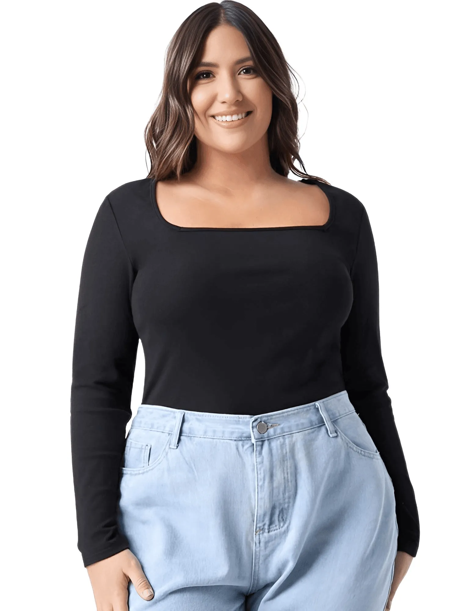 Square Neck Plus Size Black Top Women's