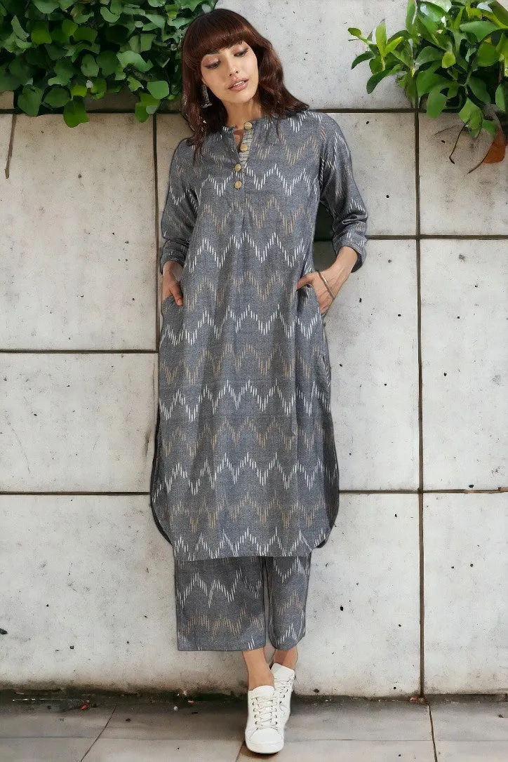 stand collar kurta with round hem - ashen luminescence & yellow accents