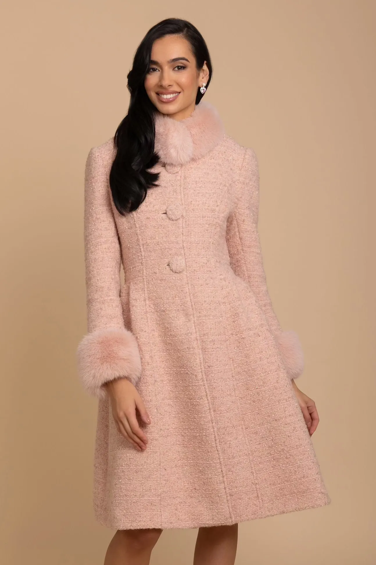 'Starlet' Wool Tweed Dress Coat with Faux Fur in Rosa