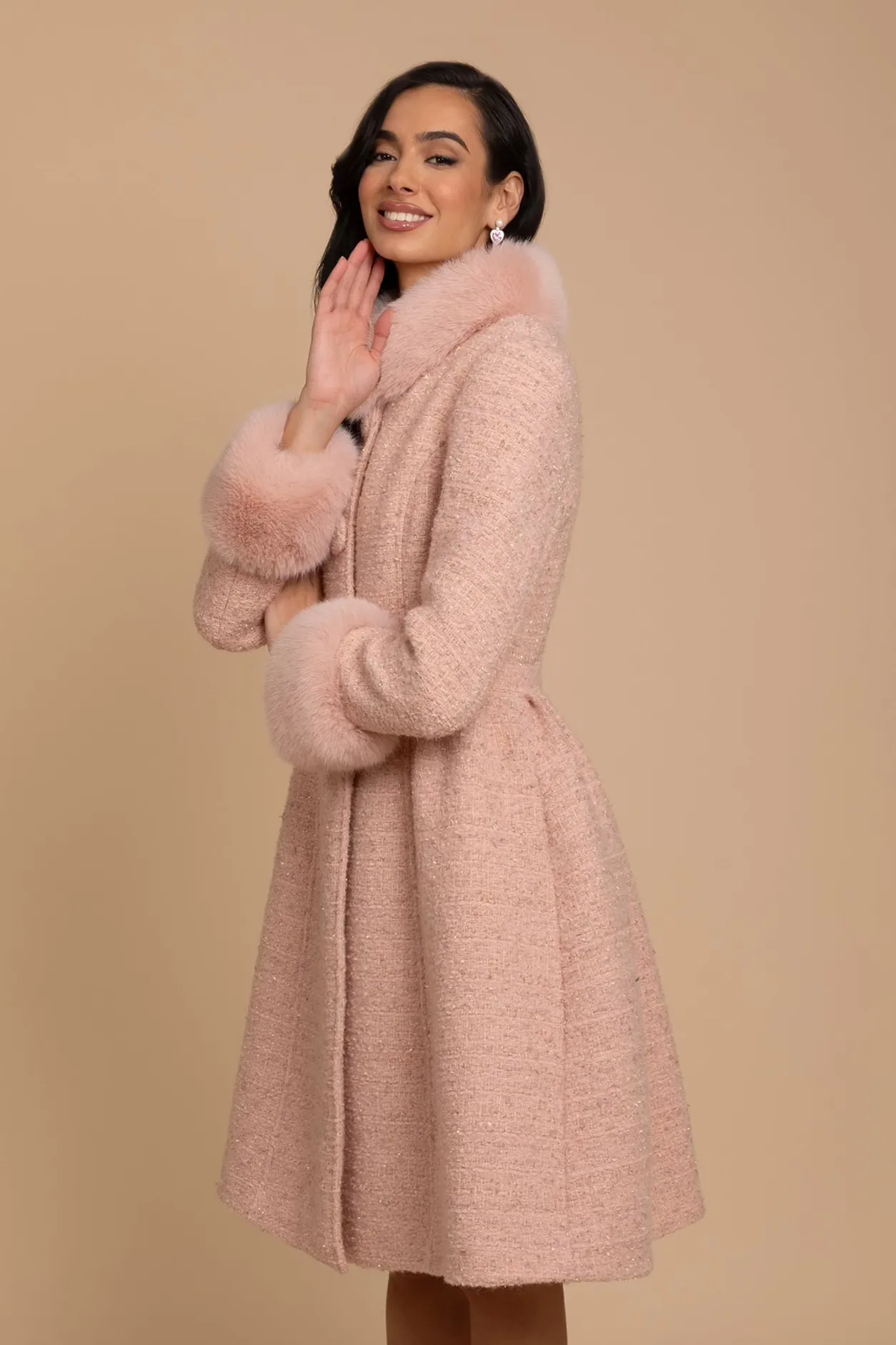 'Starlet' Wool Tweed Dress Coat with Faux Fur in Rosa