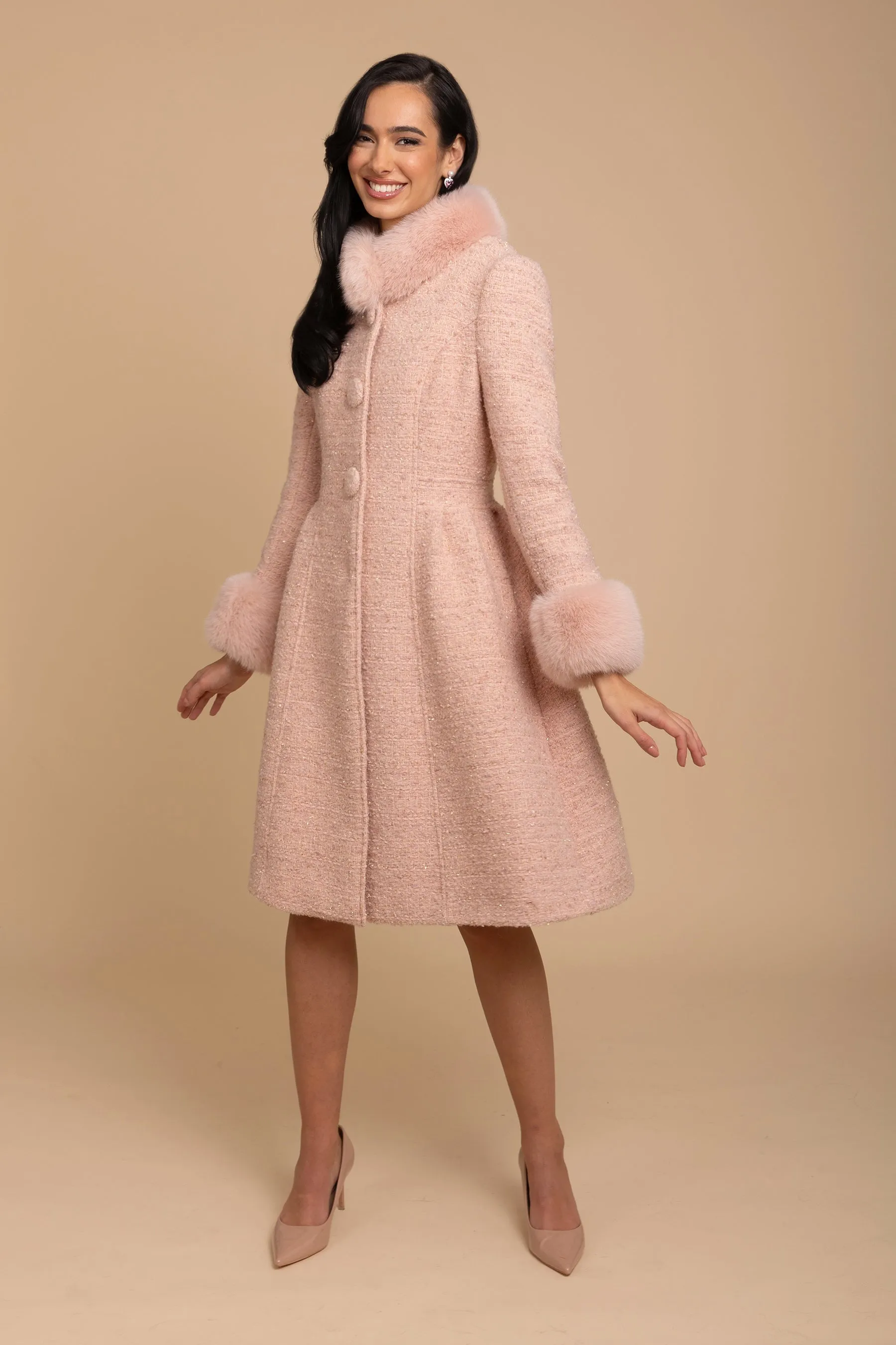 'Starlet' Wool Tweed Dress Coat with Faux Fur in Rosa